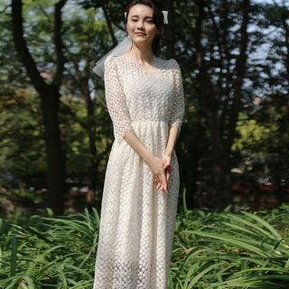 Elegant All Over Retro Lace A Line Tea Length Wedding Dress with 3/4 Sleeves - Rosymae