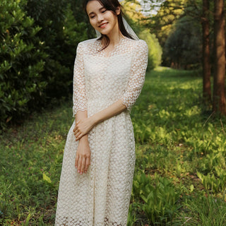 Elegant All Over Retro Lace A Line Tea Length Wedding Dress with 3/4 Sleeves - Rosymae