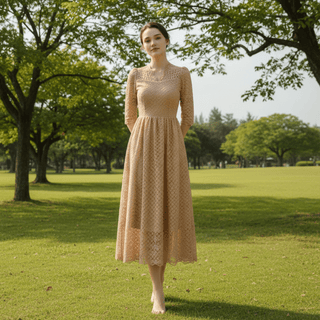 Elegant All Over Retro Lace A Line Tea Length Wedding Dress with 3/4 Sleeves - Rosymae