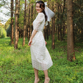 Elegant All Over Retro Lace A Line Tea Length Wedding Dress with 3/4 Sleeves - Rosymae