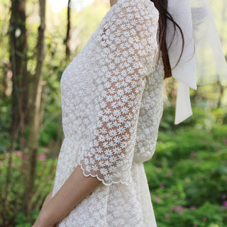 Elegant All Over Retro Lace A Line Tea Length Wedding Dress with 3/4 Sleeves - Rosymae