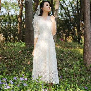 Elegant All Over Retro Lace A Line Tea Length Wedding Dress with 3/4 Sleeves - Rosymae