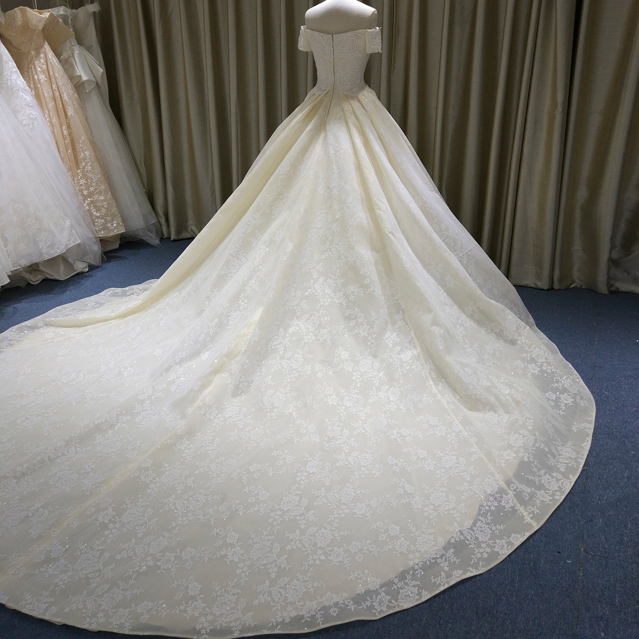 Elegant Ball Gown Champagne Wedding Dress with Off the Shoulder - Rosymae