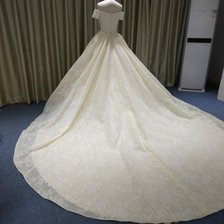Elegant Ball Gown Champagne Wedding Dress with Off the Shoulder - Rosymae