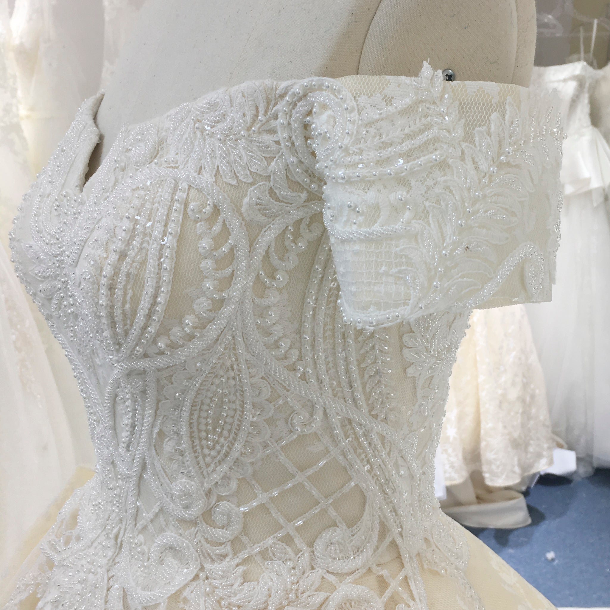 Elegant Ball Gown Champagne Wedding Dress with Off the Shoulder - Rosymae