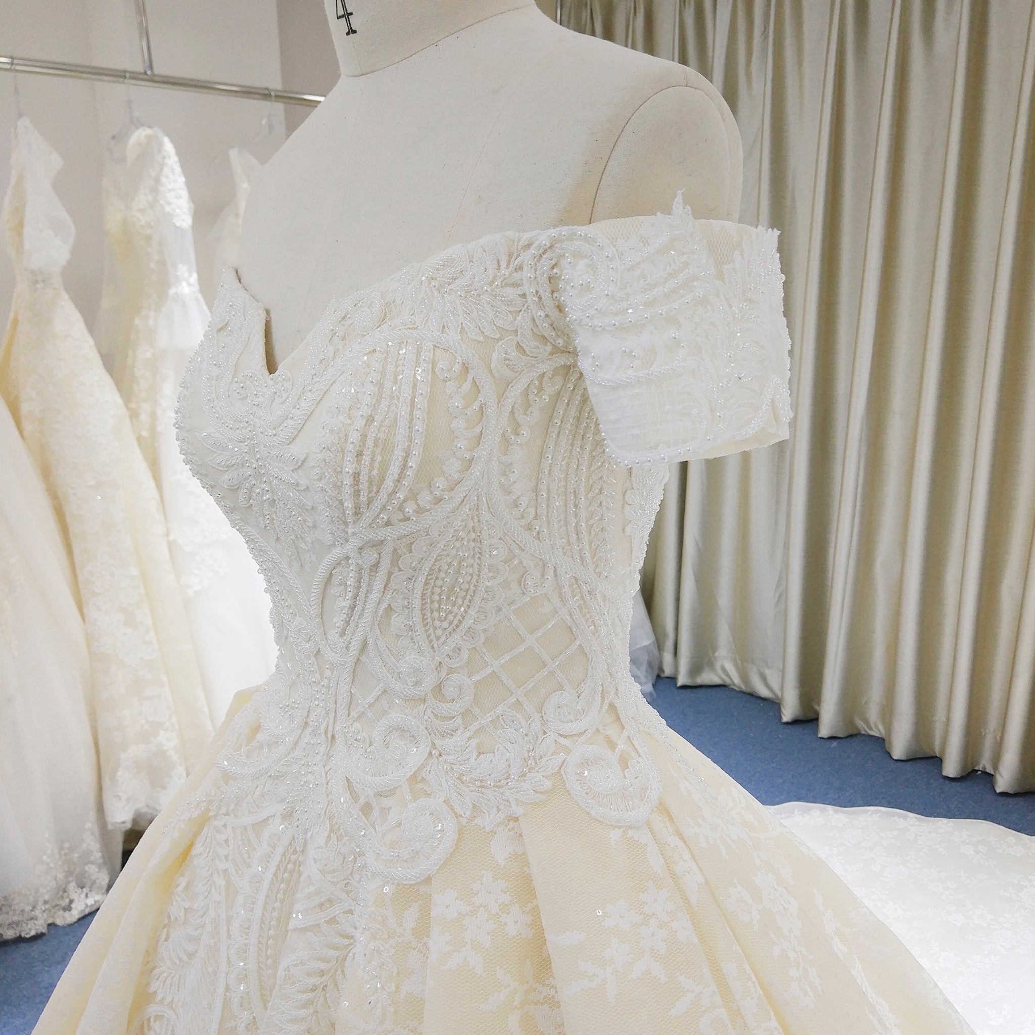 Elegant Ball Gown Champagne Wedding Dress with Off the Shoulder - Rosymae
