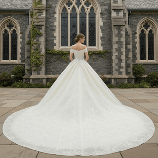 Elegant Ball Gown Champagne Wedding Dress with Off the Shoulder - Rosymae