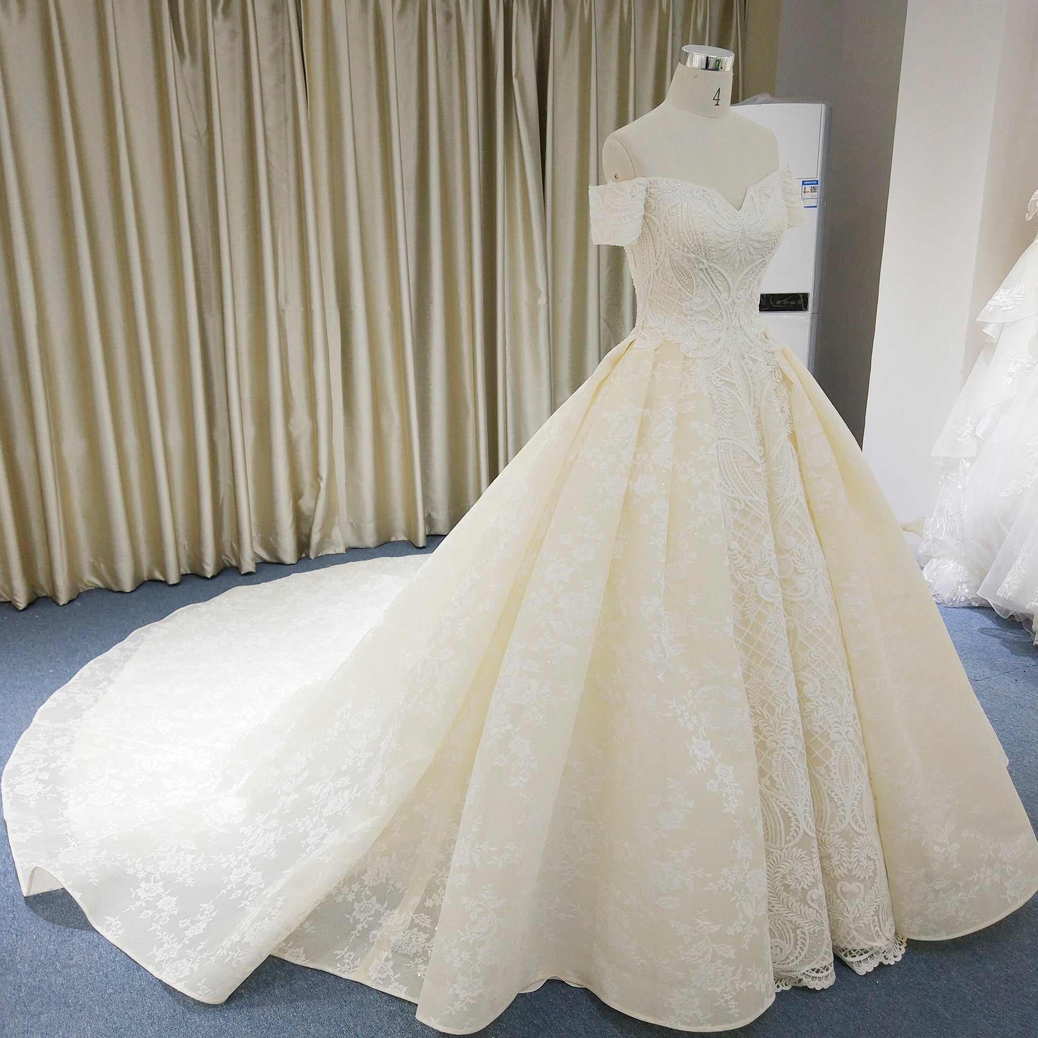 Elegant Ball Gown Champagne Wedding Dress with Off the Shoulder - Rosymae