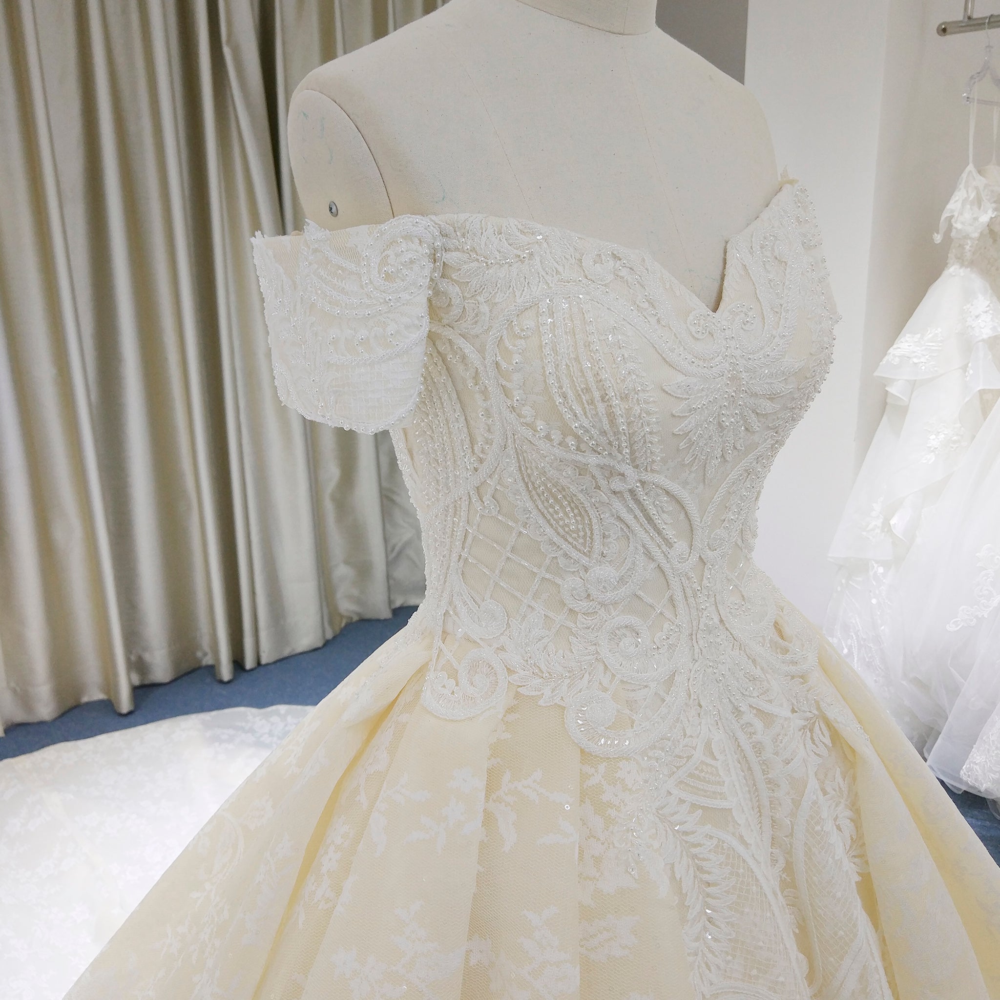 Elegant Ball Gown Champagne Wedding Dress with Off the Shoulder - Rosymae