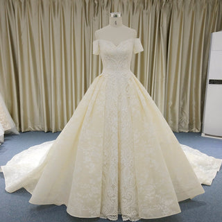 Elegant Ball Gown Champagne Wedding Dress with Off the Shoulder - Rosymae