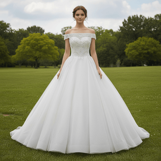 Elegant Ball Gown Wedding Dress with Off-the-Shoulder Neckline and Corset Back - Rosymae