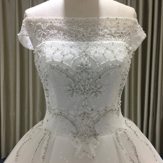 Elegant Ball Gown Wedding Dress with Off-the-Shoulder Neckline and Corset Back - Rosymae