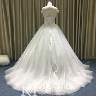 Elegant Ball Gown Wedding Dress with Off-the-Shoulder Neckline and Corset Back - Rosymae
