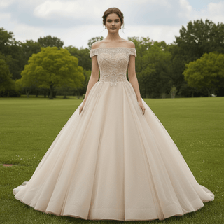 Elegant Ball Gown Wedding Dress with Off-the-Shoulder Neckline and Corset Back - Rosymae