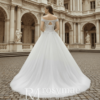 Elegant Ball Gown Wedding Dress with Off-the-Shoulder Neckline and Corset Back - Rosymae