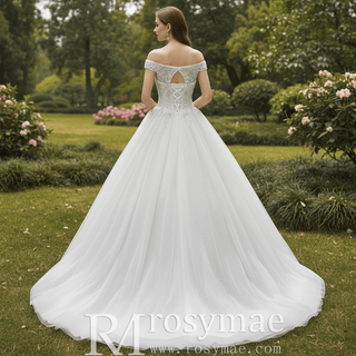 Elegant Ball Gown Wedding Dress with Off-the-Shoulder Neckline and Corset Back - Rosymae