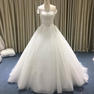 Elegant Ball Gown Wedding Dress with Off-the-Shoulder Neckline and Corset Back - Rosymae