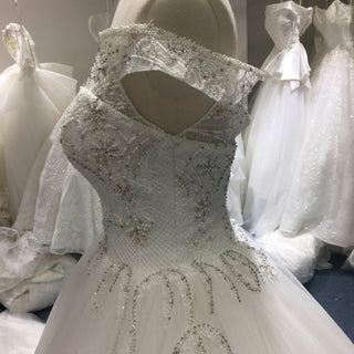 Elegant Ball Gown Wedding Dress with Off-the-Shoulder Neckline and Corset Back - Rosymae