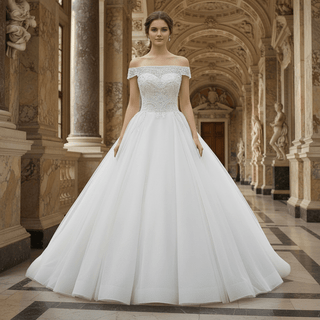 Elegant Ball Gown Wedding Dress with Off-the-Shoulder Neckline and Corset Back - Rosymae