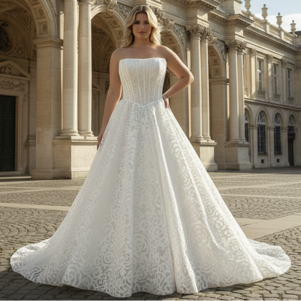 Elegant Plus Size A Line Boat Neck Wedding Dress with Overall Lace – Rosymae Elegant Plus Size A Line Boat Neck Wedding Dress with Overall Lace – Rosymae