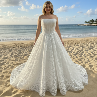 Elegant Plus Size A Line Boat Neck Wedding Dress with Overall Lace
