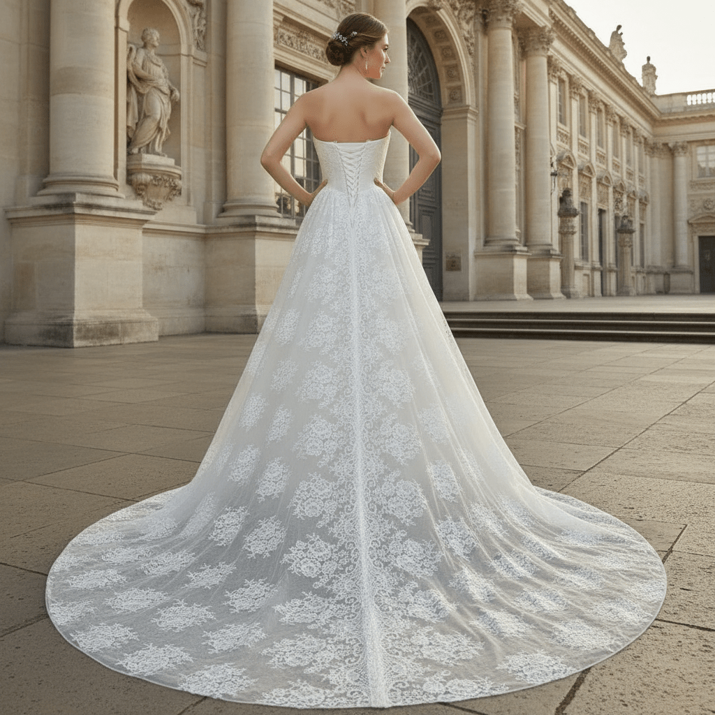Elegant Bateau Neckline Strapless Floral Lace Wedding Dress - Rosymae