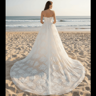 Elegant Bateau Neckline Strapless Floral Lace Wedding Dress - Rosymae