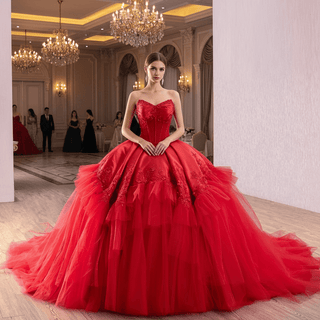 Elegant Beautiful Unique Puffy Red Wedding Dresses with V-Neck - Rosymae