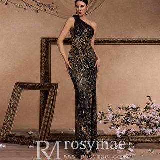 Elegant Black and Gold One-Shoulder Long Formal Dress with Leg Slit - Rosymae