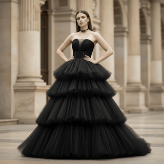 Elegant Black Bridal Gowns in Wedding Layers Tulle Skirt - Rosymae