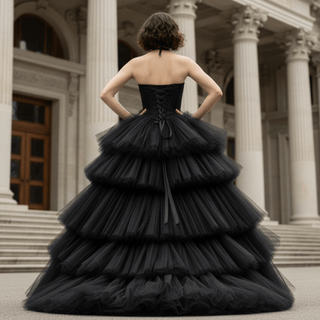 Elegant Black Bridal Gowns in Wedding Layers Tulle Skirt - Rosymae