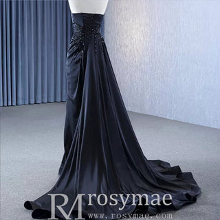 Elegant Black Evening Dress Satin Strapless Beading Pleated Prom Dresses - Rosymae