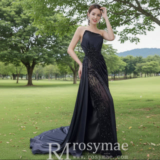 Elegant Black Evening Dress Satin Strapless Beading Pleated Prom Dresses - Rosymae