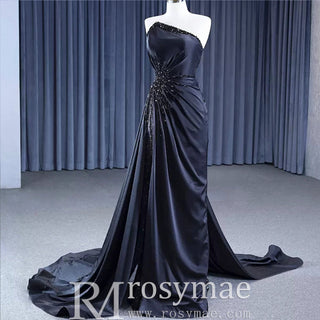 Elegant Black Evening Dress Satin Strapless Beading Pleated Prom Dresses - Rosymae