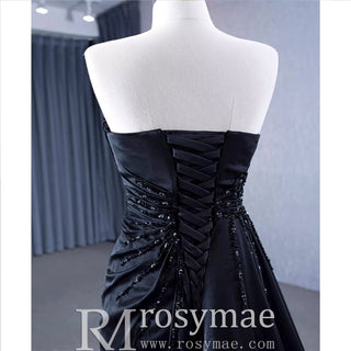 Elegant Black Evening Dress Satin Strapless Beading Pleated Prom Dresses - Rosymae