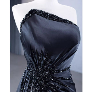 Elegant Black Evening Dress Satin Strapless Beading Pleated Prom Dresses - Rosymae