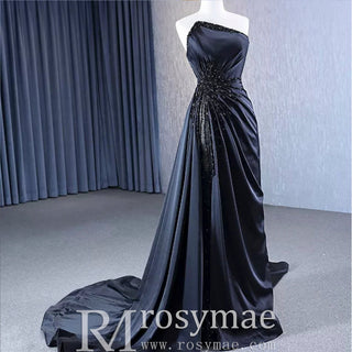 Elegant Black Evening Dress Satin Strapless Beading Pleated Prom Dresses - Rosymae