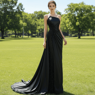 Elegant Black Evening Dress Satin Strapless Beading Pleated Prom Dresses - Rosymae