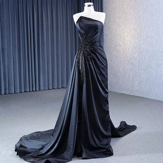 Elegant Black Evening Dress Satin Strapless Beading Pleated Prom Dresses - Rosymae
