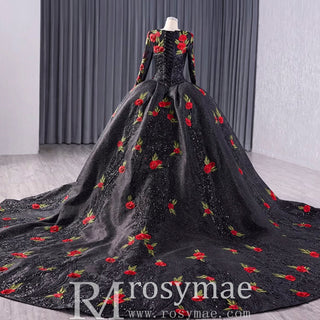 Elegant Black Lace Rose Wedding Gown Long Sleeve Quinceanera Dress - Rosymae
