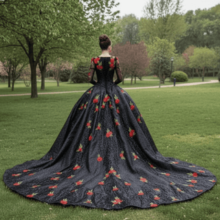 Elegant Black Lace Rose Wedding Gown Long Sleeve Quinceanera Dress - Rosymae