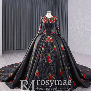 Elegant Black Lace Rose Wedding Gown Long Sleeve Quinceanera Dress - Rosymae