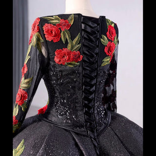 Elegant Black Lace Rose Wedding Gown Long Sleeve Quinceanera Dress - Rosymae