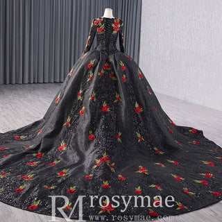 Elegant Black Lace Rose Wedding Gown Long Sleeve Quinceanera Dress - Rosymae