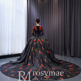 Elegant Black Lace Rose Wedding Gown Long Sleeve Quinceanera Dress - Rosymae