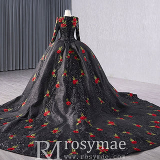 Elegant Black Lace Rose Wedding Gown Long Sleeve Quinceanera Dress - Rosymae