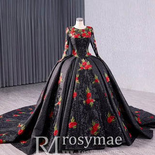 Elegant Black Lace Rose Wedding Gown Long Sleeve Quinceanera Dress - Rosymae