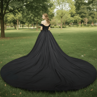 Elegant Black Off Shoulder Gothic Ball Gown Wedding Dress with Beaded Corset Bodice - Rosymae