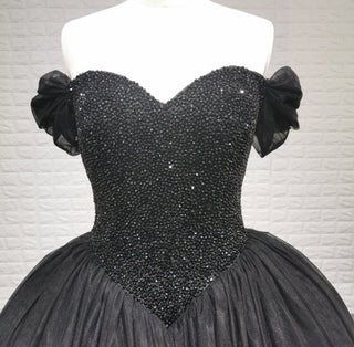 Elegant Black Off Shoulder Gothic Ball Gown Wedding Dress with Beaded Corset Bodice - Rosymae