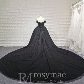 Elegant Black Off Shoulder Gothic Ball Gown Wedding Dress with Beaded Corset Bodice - Rosymae